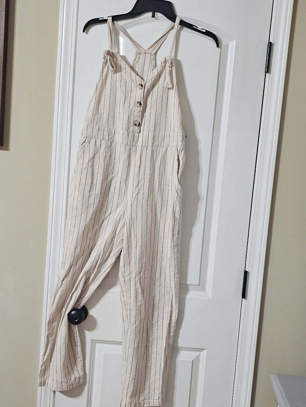 *LUSH  Summer  Cream Striped Button-Front Jumpsuit